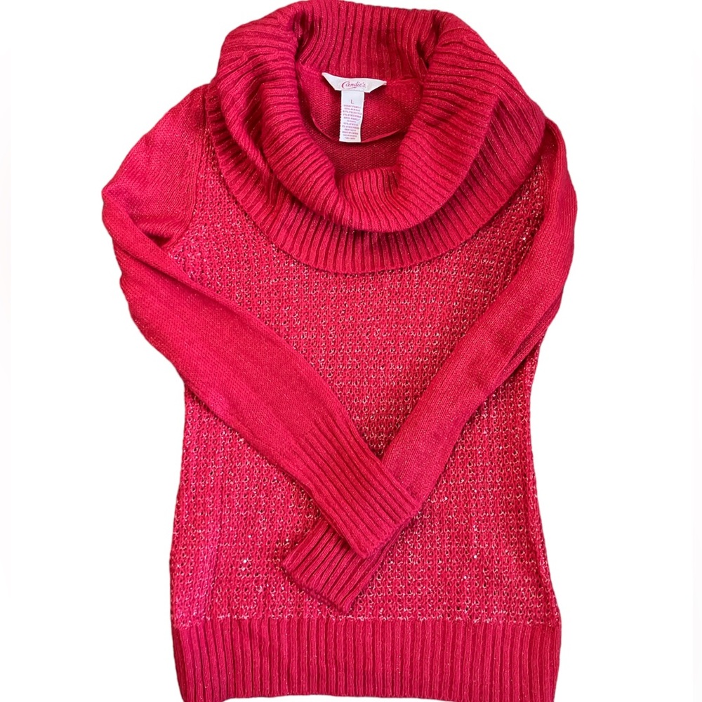 CANDIE'S BRIGHT RED SEQUIN COWL NECK SWEATER SZ L